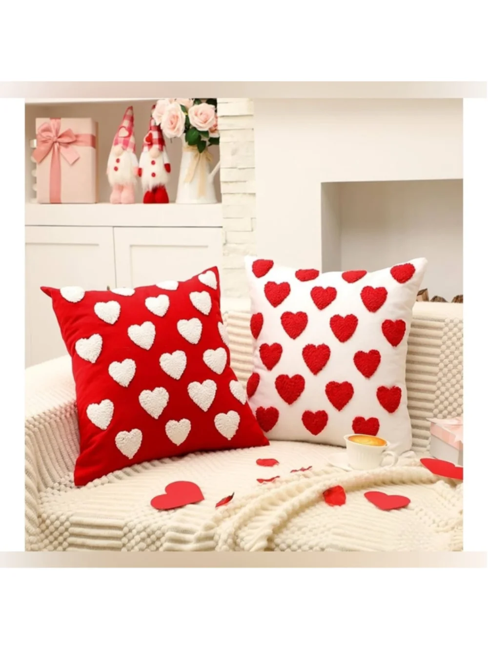 NEW 2 Pc Heart Valentine's Day Throw Pillow Covers Embroidery 18”